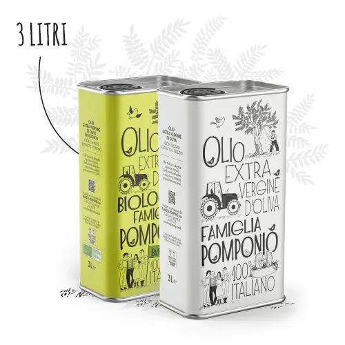 2 lattine da 3 litri di olio extra vergine di oliva biologico e Biologico- Famiglia Pomponio
