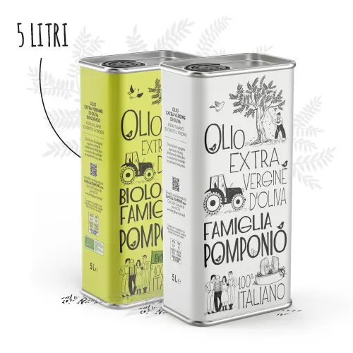 2 lattine da 5 litri di olio extra vergine di oliva biologico e Biologico- Famiglia Pomponio